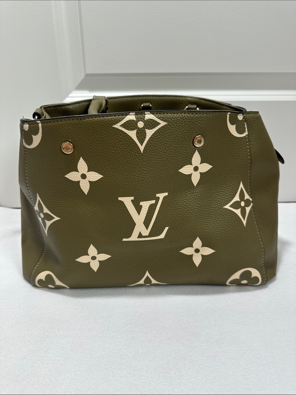 INSPIRED Olive Green Monogram Shoulder Bag with Cream Accents